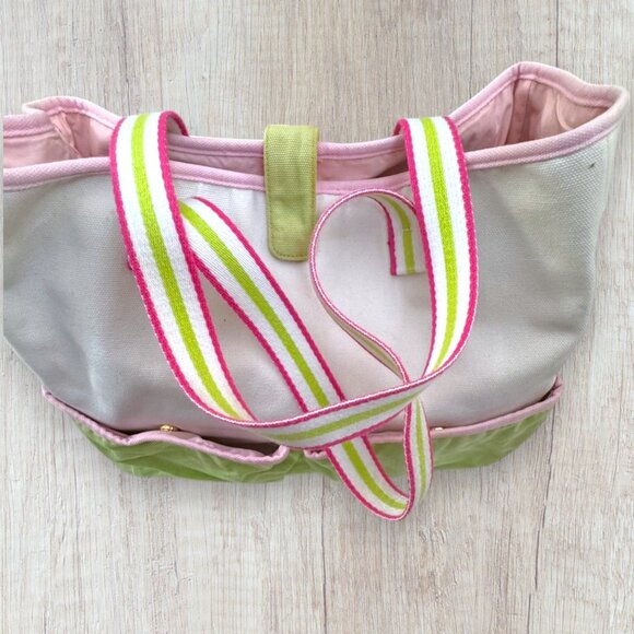 LILLY PULITZER Vintage Canvas Tote Bag Pockets Beach Diaper School Pink Green - Picture 2 of 11